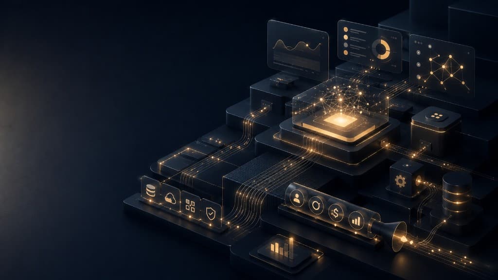 Abstract system visualizing technology and AI enablement — connected cores, data, and automation